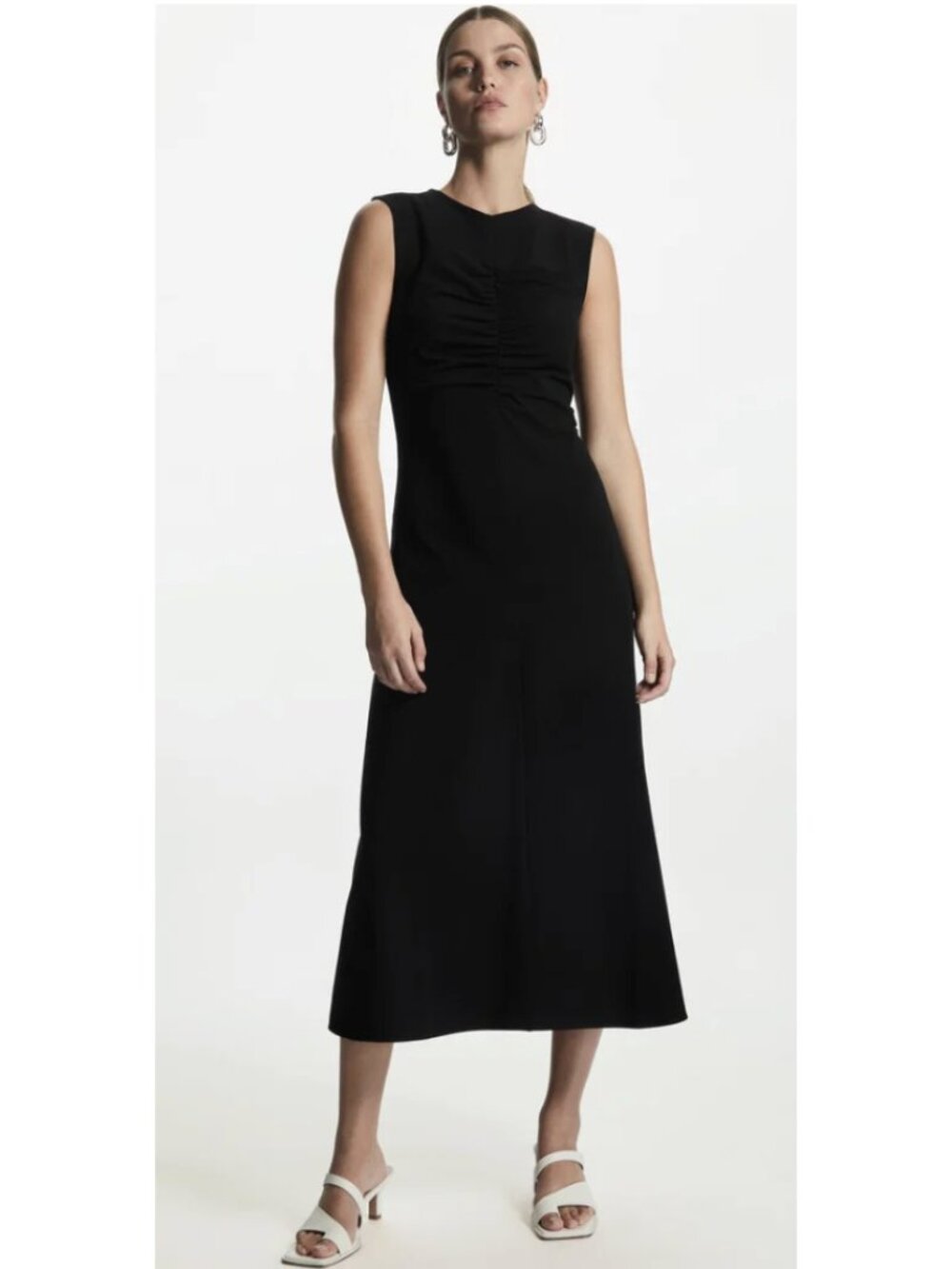 COS Slim Fit Gathered Midi Dress in Black Small Minimalist Office Academia